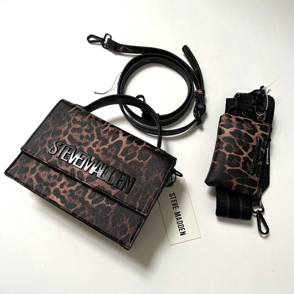 Steve Madden Leopard Accordion Crossbody Top Handle Bag + Pouch Animal Print - Picture 3 of 9